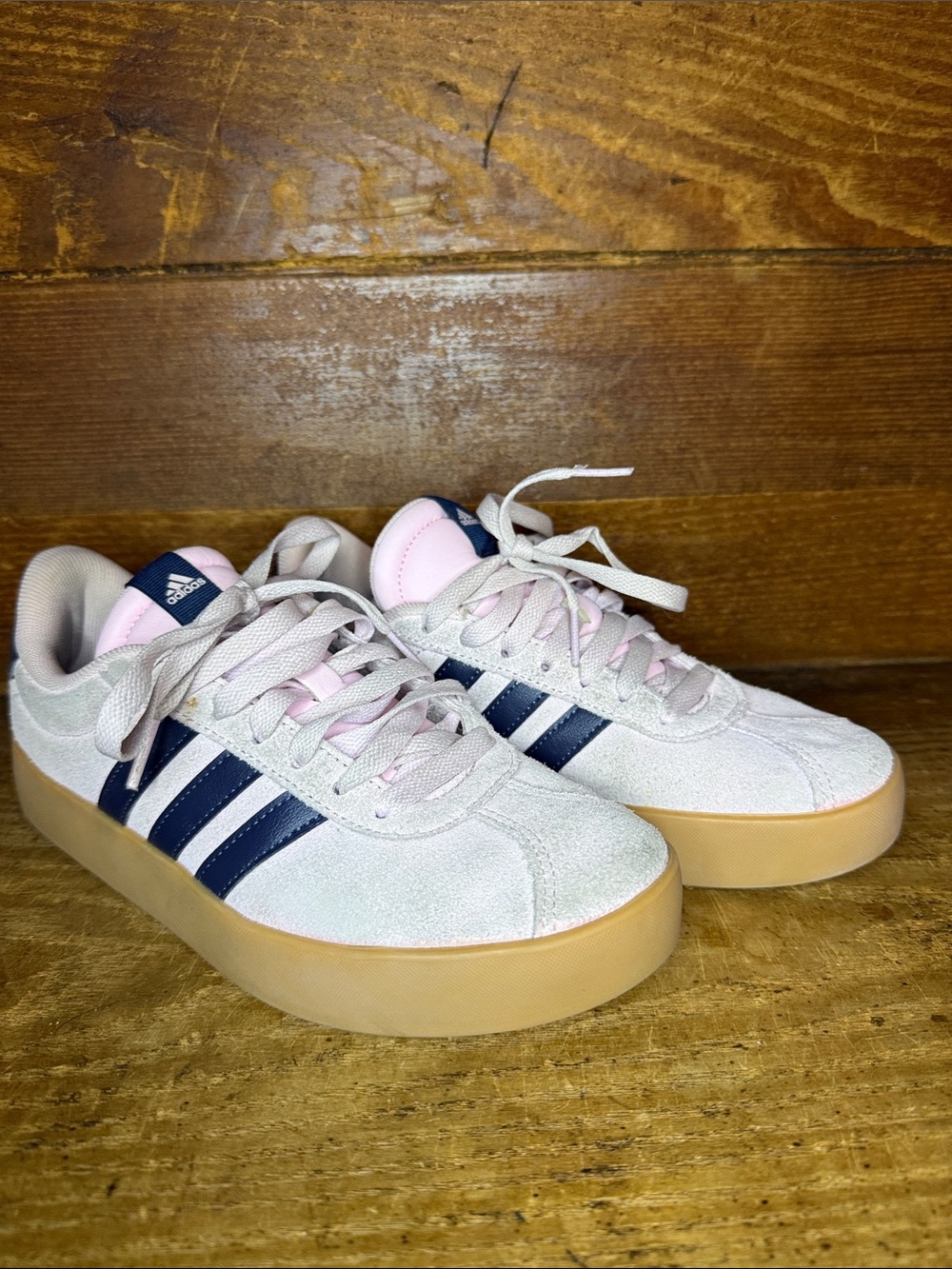 adidas Kids VL Court Light Pink Suede Sneakers with Navy Stripes and Gum Sole